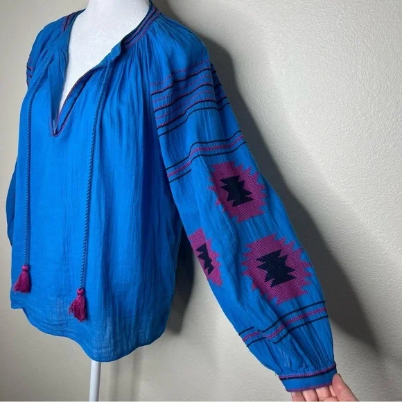 Anthro Maeve Blue & Pink Runaway Boho Southwestern Embroidered Peasant Top XS - Picture 8 of 16